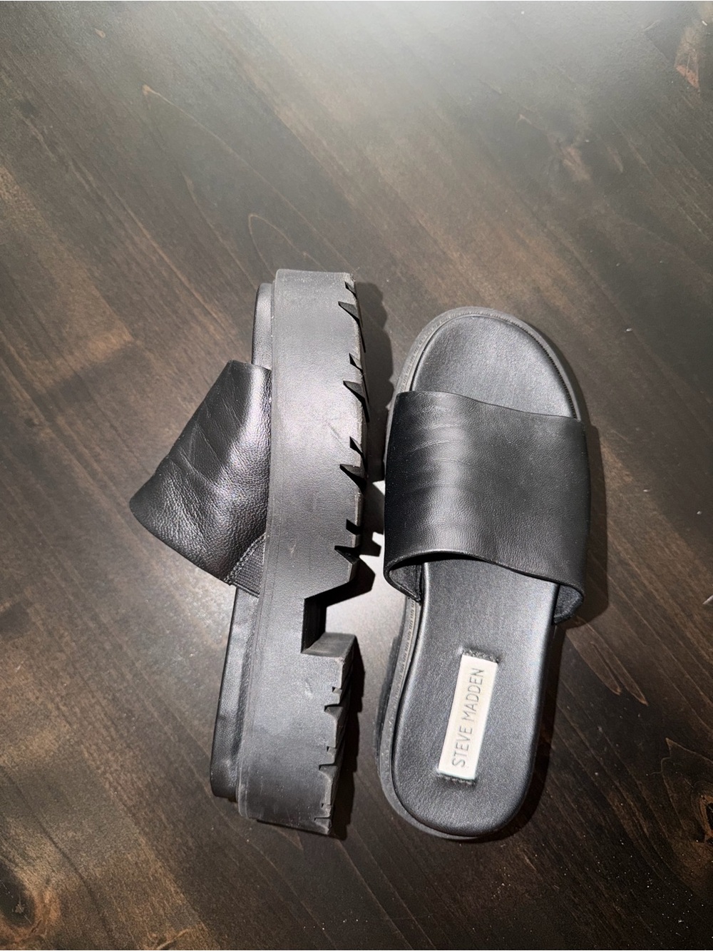 Steve Madden Black Leather Platform Slide Sandals